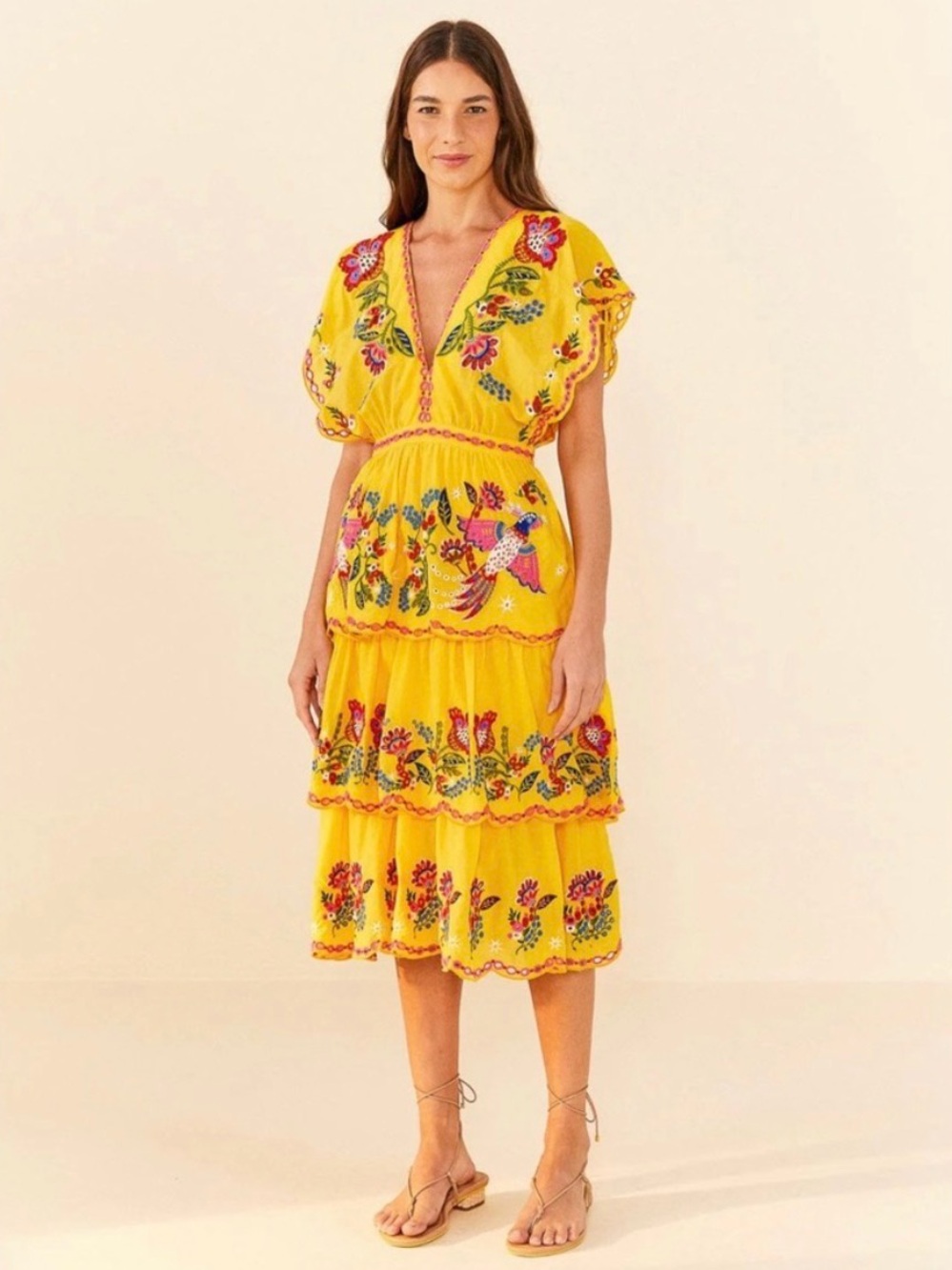 FARM Rio Yellow Embroidered Tiered Midi Dress